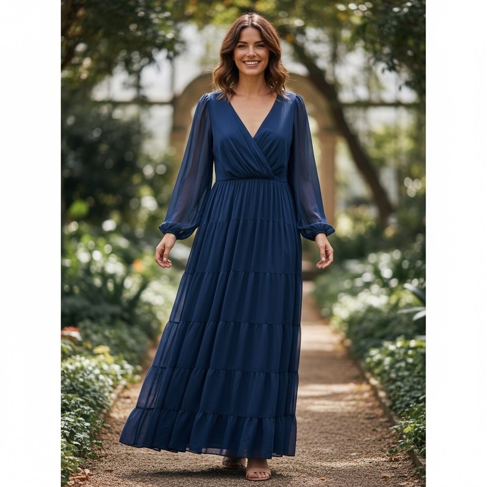 Mac Duggal Womens Gown Midnight Blue Faux Wrap Illusion Long Sleeve Tiered